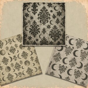 May include: Three pieces of paper with a vintage, distressed aesthetic. Each features a repeating pattern of crescent moons, floral elements, and ornate designs in shades of gray and black. The paper edges are torn, adding to the aged look.