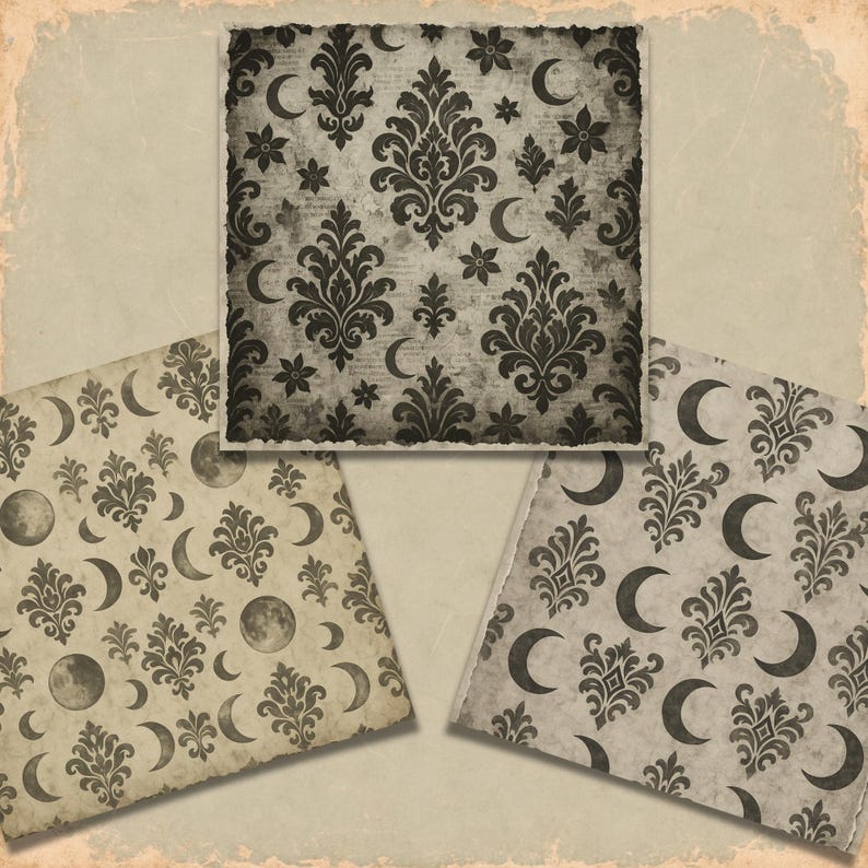 May include: Three pieces of paper with a vintage, distressed aesthetic. Each features a repeating pattern of crescent moons, floral elements, and ornate designs in shades of gray and black. The paper edges are torn, adding to the aged look.