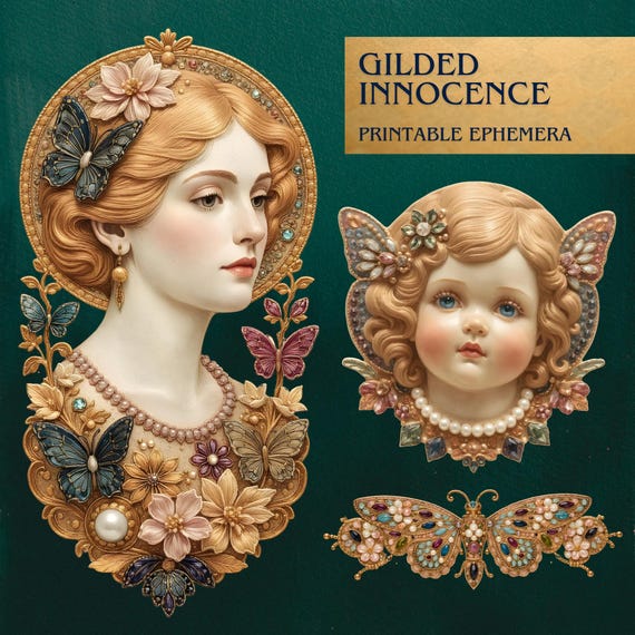 Gilded Innocence Ephemera Ornaments and Dreams Vintage Butterfly Collage, Romantic Junk Journal, Printable Victorian Scrapbook Papers A4 A5