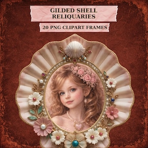 Könnte beinhalten: Digitale Illustration eines dekorativen Rahmens mit Muscheldesign, der ein Porträt eines jungen Mädchens zeigt. Der Rahmen ist mit Blumen und Juwelen verziert. Der Text oben lautet "GILDED SHELL RELIQUARIES" und "20 PNG CLIPART FRAMES".