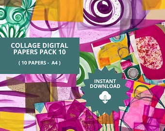 Könnte beinhalten: Eine Collage aus digitalen Papieren in einem Pack mit 10. Die Papiere zeigen abstrakte Designs in den Farben Rosa, Gelb, Grün und Lila. Die Papiere sind im Format A4 und stehen zum sofortigen Download bereit. Der Text "COLLAGE DIGITAL PAPERS PACK 10 (10 PAPERS - A4)" und "INSTANT DOWNLOAD" ist auf dem Bild sichtbar.