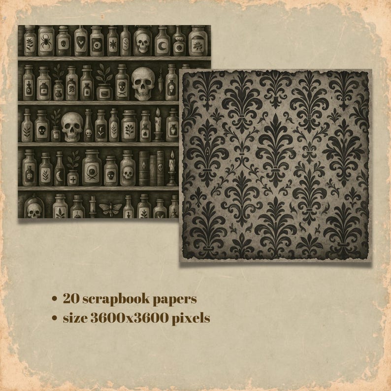May include: Digital scrapbook paper set featuring a shelf of potion bottles, skulls, and candles. A patterned paper with a dark floral design is also included. The text reads: "20 scrapbook papers - size 3600x3600 pixels."