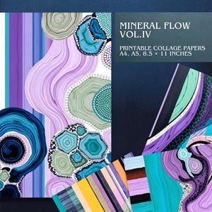 Op de afbeelding: Een collectie printbaar collagepapier genaamd Mineral Flow Vol. IV, met abstracte patronen van agaatachtige mineraalschijven in paars, blauwgroen, blauw en groen, met tekst die de formaten A4, A5 en 21,59 x 27,94 cm aangeeft.