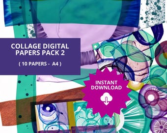 Könnte beinhalten: Eine Collage aus digitalen Papieren mit abstrakten Designs in den Farben Lila, Grün, Blau und Gelb. Die Papiere sind in einem zufälligen Muster angeordnet und haben eine texturierte, aquarellartige Optik. Der Text "COLLAGE DIGITAL PAPERS PACK 2 (10 PAPERS - A4)" ist auf einem lila Hintergrund dargestellt. Der Text "INSTANT DOWNLOAD" ist auf einem rosa Stern dargestellt.