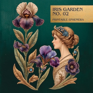 Könnte beinhalten: Digitaldruck mit Irisblüten in Lila-, Braun- und Cremetönen, mit dem Profil einer Frau. Der Text "IRIS GARDEN NO. 02 PRINTABLE EPHEMERA" wird auf goldenem Hintergrund angezeigt. Der Hintergrund ist dunkelgrün.