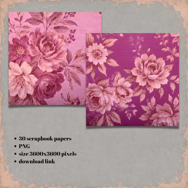 Pink Floral Scrapbook Paper – Vintage Rose Digital Paper Pack, Shabby ...
