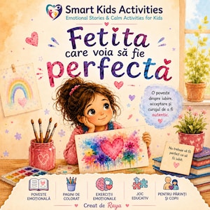 May include: A colorful illustration for children features a girl holding a painting of a heart. Text in Romanian reads "Fetita care voia să fie perfectă" and "Smart Kids Activities". Other elements include paintbrushes, a watercolor palette, and a rainbow drawing.
