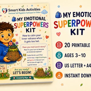Könnte beinhalten: Ein My Emotional Superpowers Kit Aktivitätsbuch mit einem gezeichneten Kind, das eine Topfpflanze hält. Das Cover enthält den Text How to calm your inner volcano when it gets too hot. Das Set umfasst 20 druckbare Seiten für Kinder von 3-10 Jahren im A4-Format.