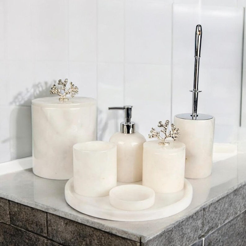 Decorative White Marble Bathroom 7 Piece Bathroom Set With Silver Coral ...