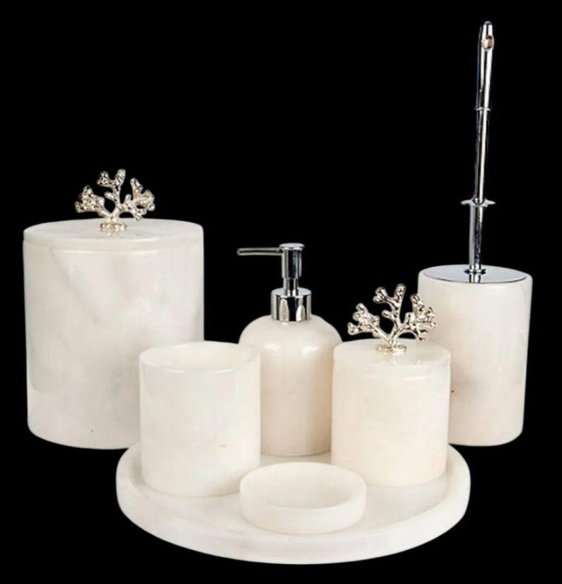 Decorative White Marble Bathroom 7 Piece Bathroom Set With Silver Coral ...