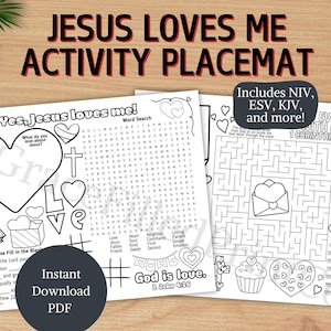 Jesus liebt mich Aktivität Tischset christlichen Aktivität Blatt Biblische Bildung Ressourcen Gottesliebe Kinder unterrichten Valentinstag druckbare Spiel