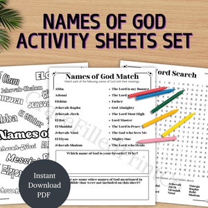 May include: A set of printable activity sheets for children featuring names of God. The sheets include a word search, a matching game, and a fill-in-the-blank activity. The sheets are black and white and have a simple design.