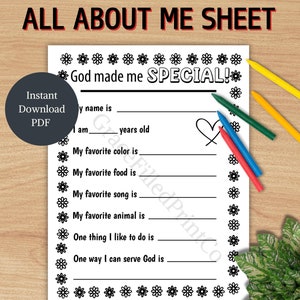 Christian All About Me Printable Sheet God Made Me Special Page Sunday School Craft Back-to-School Favorites Worksheet Biblical Ice Breakers