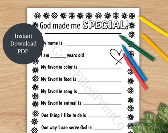 Christian All About Me Sheet: God Made Me Special Printable (PDF)