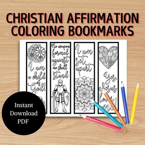 May include: Four black and white printable bookmarks with Christian affirmations and intricate designs. The affirmations are "I am a child of God!", "No weapon formed against me shall stand", "I am set apart", and "Yes, Jesus loves me".