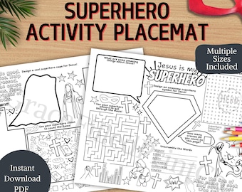 Tovaglietta con attività "Gesù è il mio supereroe" per bambini e adolescenti. Pagina stampabile con attività sui supereroi cristiani. Attività per la scuola domenicale. Gioco degli eroi.