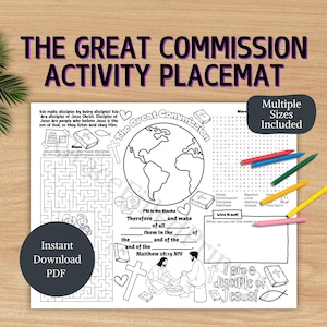 The Great Commission Activity Placemat Biblical Education Activities Sheet Sunday School Teacher Resource Christian Craft Bible Verse Memory