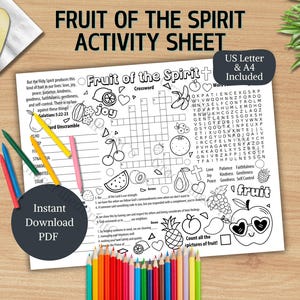 Fruit of the Spirit Activity Placemat Kids Biblical Printable Christian Activity Sheet for Kids Biblical Attributes Sunday School Handout