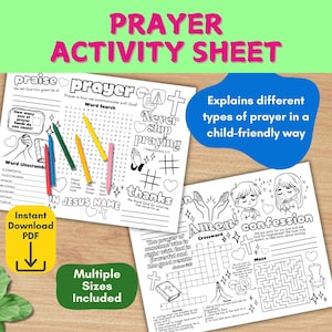 May include: A prayer activity sheet with the text "PRAYER ACTIVITY SHEET" in pink. The sheet includes word searches, word unscrambles, and a maze. The text "Instant Download PDF" is also visible.