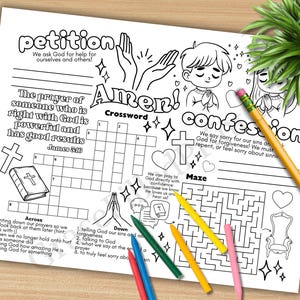 Pu&ograve; includere: Un foglio di lavoro stampabile in bianco e nero con un tema religioso. Il foglio di lavoro include un cruciverba, un labirinto e una sezione intitolata "Petizione", "Amen" e "Confessione".