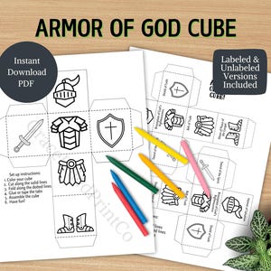May include: A printable PDF download of a coloring page for a cube with images of the armor of God. The cube includes a sword, helmet, breastplate, shield, belt, sandals, and a crown. The page includes instructions for assembling the cube.