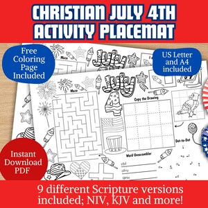 Christian July 4th Activity Placemat, Bible-Based Crafts for Kids PreK Fourth of July Craft Summer Sunday School Activities Christian Color