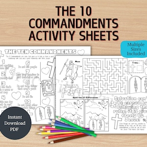 Puede incluir: Hojas de actividades imprimibles en blanco y negro para niños con los Diez Mandamientos. Las hojas incluyen un laberinto, un juego de encontrar las diferencias y una página para colorear con una imagen de Moisés y los Diez Mandamientos.