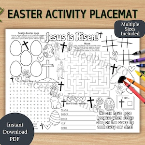 Kids Easter Activity Placemat Christian Easter Placemat Elementary Bible Lesson Printable Easter Craft for Sunday School Children's Ministry