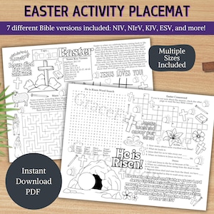 May include: A black and white printable Easter activity placemat with a variety of activities including a word search, maze, crossword puzzle, and coloring pages. The placemat features the text "Jesus died for you and me!" and "He is Risen!" along with several Bible verses.