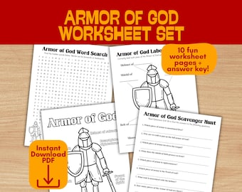 Conjunto de hojas de trabajo sobre la armadura de Dios: actividades educativas imprimibles para la escuela dominical cristiana para niños (descarga digital en PDF)