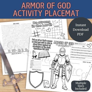 Armor of God Activity Placemat Elementary Age Printable Christian Bible Lesson for Preteens Armor of God Sunday School Crafts Kids Church