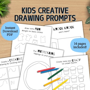 May include: A collection of white paper pages with drawing prompts for kids. The pages feature prompts like "draw some FUN designs on these clothes" and "Create some new CRAZY ice cream flavors." Colored pencils are visible.