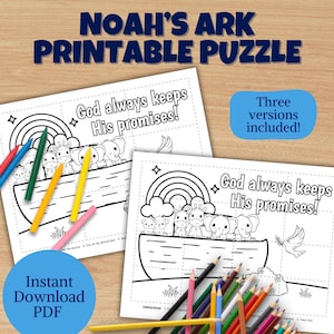 May include: Printable Noah's Ark puzzle with the text "God always keeps His promises!" and "Instant Download PDF". The image shows a black and white illustration of the ark with animals, a rainbow, and a dove. Colored pencils are scattered around the puzzle.