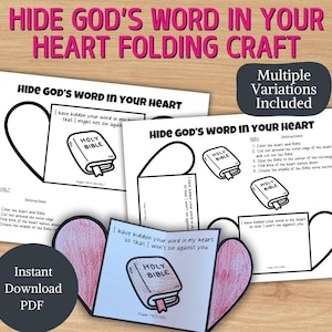 Hide God&#39;s Word In Your Heart Folding Heart Craft Psalm 119:11 Bible Verse Memorization Activity Printable Bible Crafts for Kids Christian