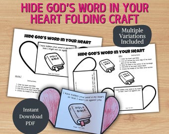 Hide God's Word In Your Heart Folding Heart Craft Psalm 119:11 Bible Verse Memorization Activity Printable Bible Crafts for Kids Christian