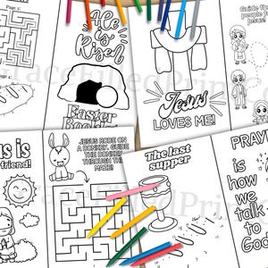 May include: Black and white coloring book pages with Christian themes. The pages include images of Jesus, a donkey, a cross, a chalice, and people praying. The text on the pages includes phrases like "Jesus is a good friend!" and "He is Risen".