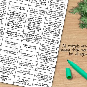 May include: A printable writing prompt bingo card with 36 squares. Each square contains a writing prompt for a story, poem, or other creative writing exercise. The prompts are all family-friendly and appropriate for all ages. The card is printed on white paper with black text.