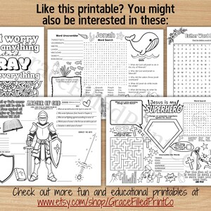 May include: A set of printable coloring pages for kids featuring religious themes. The pages include word searches, word scrambles, and mazes. The pages feature images of a whale, a knight in armor, and a superhero. The text on the pages includes phrases like "Don't worry about anything instead PRAY about everything" and "Jesus is my SUPERHERO".