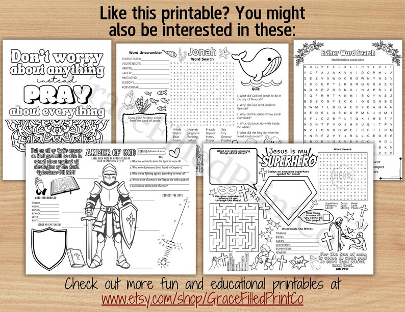 May include: A set of printable coloring pages for kids featuring religious themes. The pages include word searches, word scrambles, and mazes. The pages feature images of a whale, a knight in armor, and a superhero. The text on the pages includes phrases like "Don't worry about anything instead PRAY about everything" and "Jesus is my SUPERHERO".