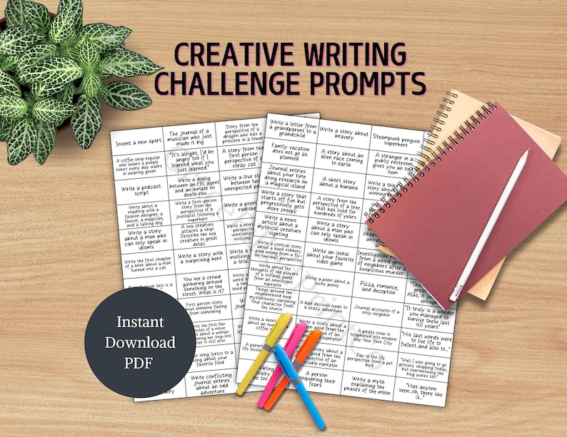 May include: A printable set of creative writing prompts on a wooden surface. The prompts are organized in a grid format and include a variety of topics, such as writing a journal entry, a short story, or a poem.