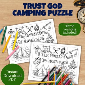 Może przedstawiać: Dwie drukowane układanki o tematyce kempingowej z tekstem "I can trust God to lead me!" i ilustracjami kempingowymi. Słowa "Trust God Camping Puzzle" znajdują się na górze. Widoczne są również kredki i kompas. Słowa "Instant Download PDF" znajdują się na dole.