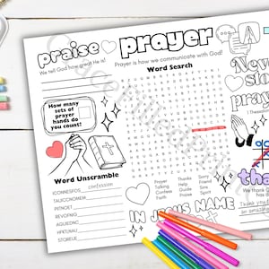 Pu&ograve; includere: Un foglio di lavoro stampabile con una ricerca di parole, un gioco di parole da decifrare e attivit&agrave; di colorazione. Il foglio di lavoro presenta le parole "lode", "preghiera", "non smettere mai di pregare" e "grazie".