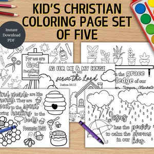 May include: A set of five printable coloring pages for kids featuring Christian themes. The pages include illustrations of a beehive, a house, an umbrella, and a paintbrush. Each page includes a Bible verse.