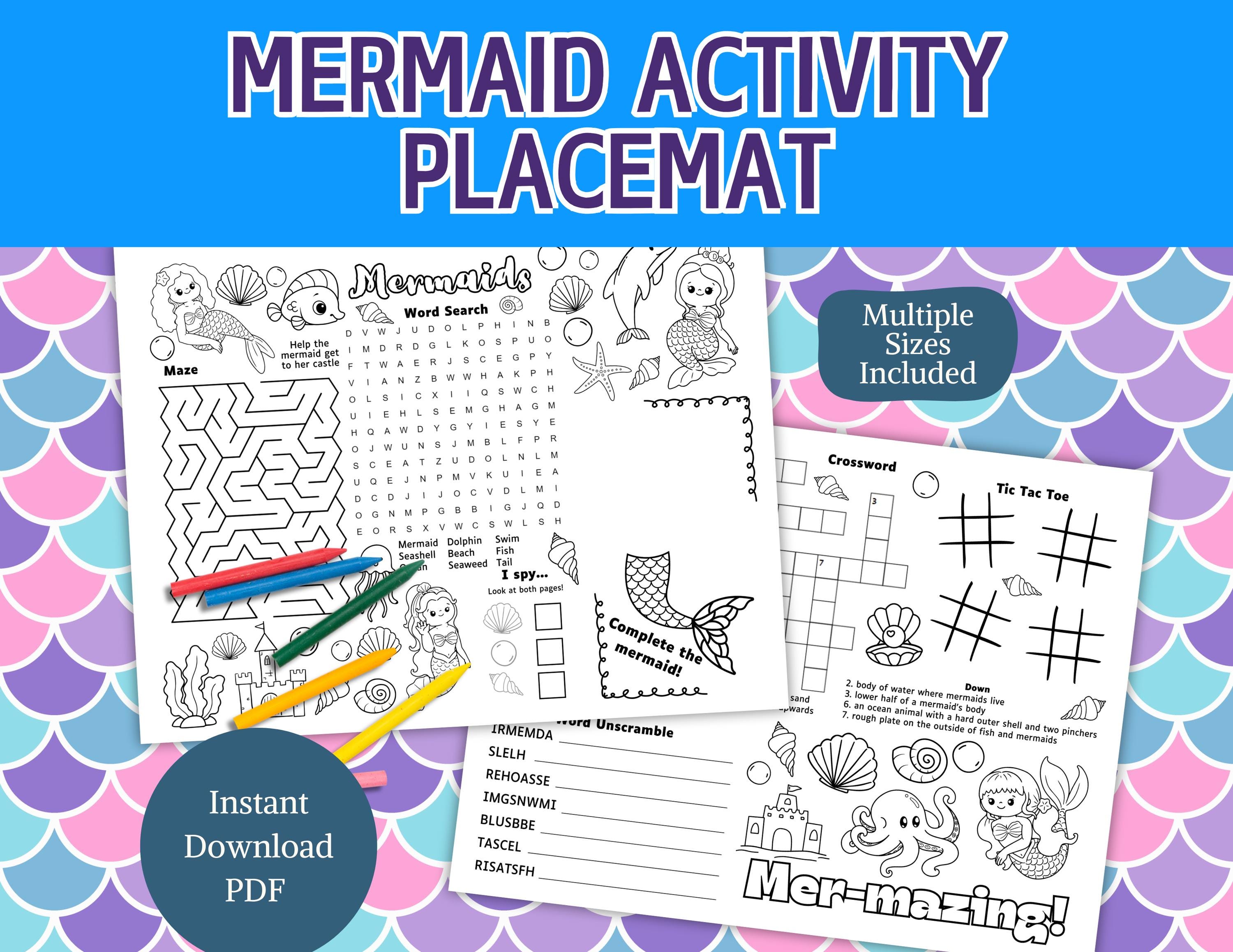 Mantel individual imprimible con actividades de sirena, juego de fiesta de cumpleaños de sirena, hoja de actividades de sirenas, actividades de viaje para niños, manualidad para colorear de sirenas para niñas