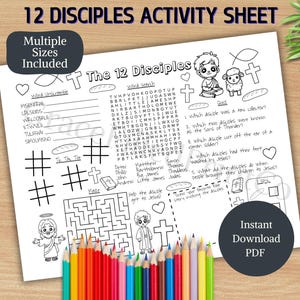 May include: A black and white printable activity sheet for children featuring a word search, a maze, a noughts and crosses game, and a word unscramble puzzle. The sheet is themed around the 12 disciples of Jesus. The text on the sheet reads "The 12 Disciples" and "Instant Download PDF".
