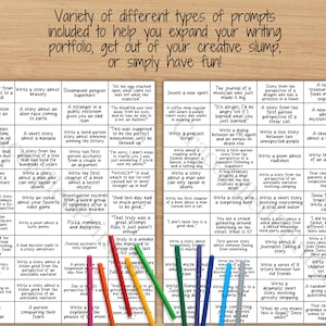 May include: A colorful grid of writing prompts for creative writing exercises. The prompts are organized into a grid with colorful lines separating each prompt. The prompts include a variety of genres and styles, such as writing a letter, a story, a poem, a news article, a journal entry, and a script.