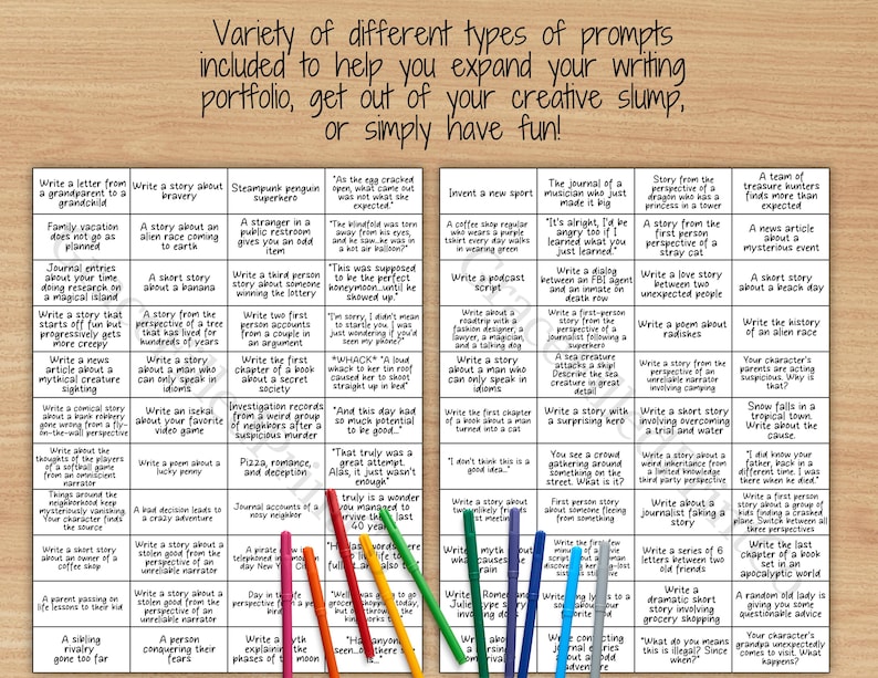 May include: A colorful grid of writing prompts for creative writing exercises. The prompts are organized into a grid with colorful lines separating each prompt. The prompts include a variety of genres and styles, such as writing a letter, a story, a poem, a news article, a journal entry, and a script.