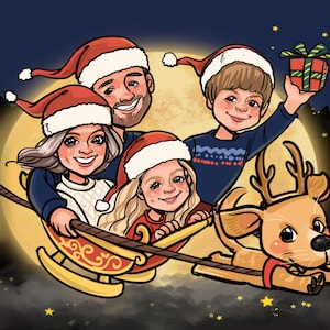 カスタム家族似顔絵、クリスマス家族漫画肖像画、似顔絵家族写真、家族への贈り物、パーソナライズされたクリスマスプレゼント、似顔絵