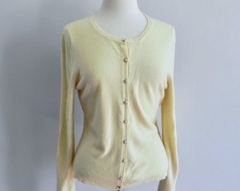 Vintage Yellow Angora Cardigan , Pinup Sweater with Rhinestone Buttons M L XL