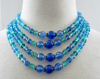 Vintage 50s Necklace , Blue Green Teal Lucite 4 strand Bead Necklace